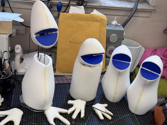 Internal foam and wire structures for four puppets in the workshop