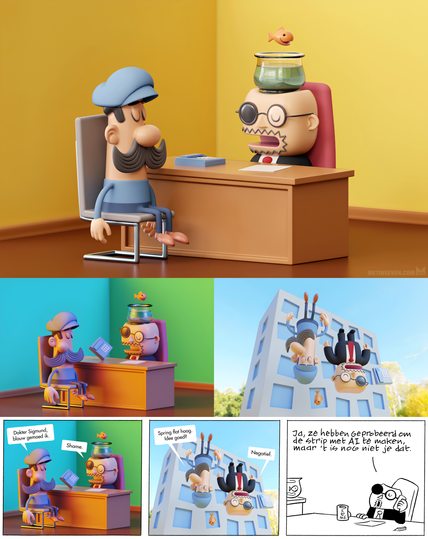 3D renderings of two panels for the Dutch Sigmund newspaper comic strip, and a three-panel gag featuring the drawings.