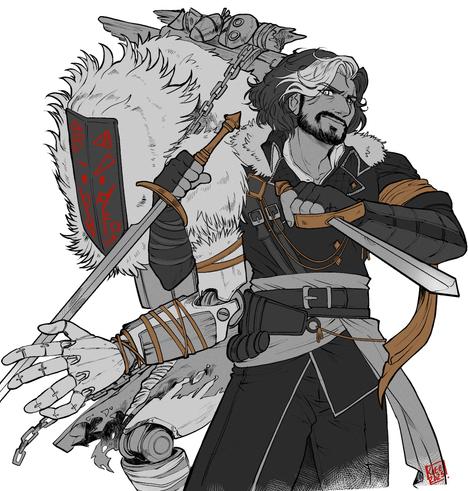 two characters back to back, grayscale with gold highlights. digital art