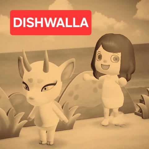 A sepia toned Animal Crossing: New Horizons screenshot in a square. The image shows a light skinned, long haired human wearing a bikini behind a white deer (Shino) along a beach landscape with plant and mountain standees alongside them to look like grassy countryside.