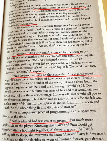 Sivu The Sierra Adventure -kirjasta. Sivulla lukee ihan mielenkiintoisiakin asioita, mutta myös mm. ”two design features AI included in the game [Leisure Suit Larry III]”, ”it was the programming on that scene that AI was most proud of” ja ”after a hot night together, AI threw in a twist”.