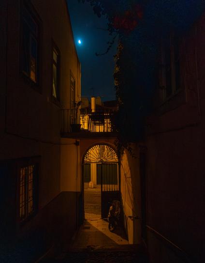 looking out through a courtyard gate with light from a streetlamp hitting at an angle with a crescent moon in the night sky