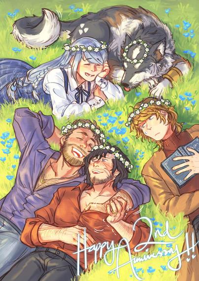 bright illustration of the main protagonists of FFXVI lying on a green field with blue flowers. from top left clockwise: jill warrick, torgal, joshua rosfield, clive rosfield, and cidolfus telamon. cid and clive are sidled up together smiling, cid's left hand is sneakily groping past clive's shirt to get at his bosom. clive's left hand is struggling to push cid's wandering hand away. joshua watches the scene next to him with dismay, while jill laughs at their antics. torgal bleps and sleeps peacefully next to her. everyone is wearing a daisy flower crown.