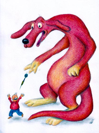 The image depicts a whimsical scene featuring a large, red doglike creature with long ears and a long tail, standing on its hind legs. The doglike creature has a surprised expression, with its mouth open and eyes wide, and throws a dart twith his right paw. The creature's fur is a vibrant red, with a gradient of lighter shades on its belly and a yellowish hue on its paws and the tips of its ears. The dog's tail is long and curved, extending towards the bottom right of the image.

In front of the dog, a small man, wearing a red shirt and blue pants, is depicted with a shocked expression, arms raised, and mouth open. The man appears to be in a state of alarm, possibly reacting to the creature's actions. The background is plain white, emphasizing the characters and their interaction. The overall style of the image is cartoonish and colorful, with a playful and imaginative tone.

Provided by @altbot, generated privately and locally using Ovis2-8B