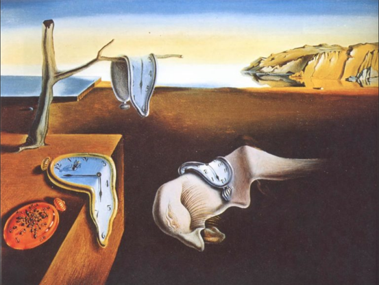 Horloges fondues de Salvador Dali, peintre espagnol surréaliste.
Paysage désertique avec un bloc de sable où fond le premier cadran d'une horloge et rouille une boussole ayant visiblement perdu le Nord; sur le bloc, un arbre mort qui a, sur une de ses branches, le cadran d'une deuxième horloge qui fond et, par terre, sur une roche qui ressemble aussi à un oreiller (!) fond le troisième cadran d'une horloge. En arrière plan, un grand nuage, un miroir (derrière l'arbre, à gauche) et, à droite, des montagnes rocheuses sous un ciel pastel passant du jaune au bleu.