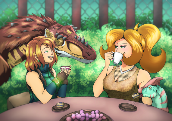 Two women sitting at a table holding tea cups. The one of the left has short blond hair and a green and blue vest. She has a tea cup with little dinosaurs on it. There is an Alioramus (brown and orange striped carnivorious dinosaur) nuzzling the side of her head.  The woman on the right has long blond hair tied in a pony tail and is wearing an orange dress. She is sipping tea from a white cup while watching the alioramus suspiciously as her sister laughs. She doesn't notice that there is a small parasaurolophus (blue and pink dinosaur) stealing her cake from the table.