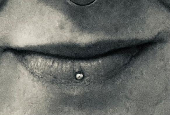 Das Bild zeigt einen Nahaufnahmeausschnitt eines menschlichen Mundes in Schwarz-Weiß. Auf der Unterlippe ist ein Piercing mit einer kleinen, glänzenden Kugel zu sehen. Oberhalb des Mundes, direkt unter der Nase, ist ein weiteres Piercing zu erkennen – vermutlich ein Septumring. Die Haut wirkt leicht strukturiert und das Bild hat insgesamt einen hohen Kontrast.