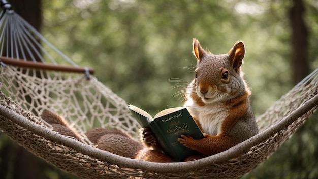 Picture a squirrel laying in a hammock reading a book.

Credit: Freepik.com