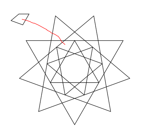A pattern made of nine triangles overlapping each other to make a black lined star on a white background. A single bit has been pulled out with a crude red line linking back to where it came from.