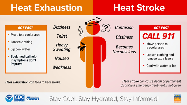HEAT EXHAUSTION
DIZZINESS
THIRST
HEAVY SWEATING
NAUSEA
WEAKNESS

ACT FAST
M0VE T0 A COOLER AREA
LOOSEN CLOTHING
SIP COOL WATER
SEEK MEDICAL HELP IF SYMPTOMS DON'T IMPROVE

HEAT EXHAUSTION CAN LEAD TO HEAT STROKE

HEAT STROKE
CONFUSION
DIZZINESS
BECOMES UNCONSCIOUS

ACT FAST
CALL 911
MOVE PERSON TO A COOLER AREA
LOOSEN CLOTHING AND REMOVE EXTRA LAYERS
COOL WITH WATER OR ICE

HEAT STROKE CAN CAUSE DEATH OR PERMANENT DISABILITY IF EMERGENCY TREATMENT NOT GIVEN

NOAA CDC NOSH

STAY COOL, STAY HYDRATED, STAY INFORMED!