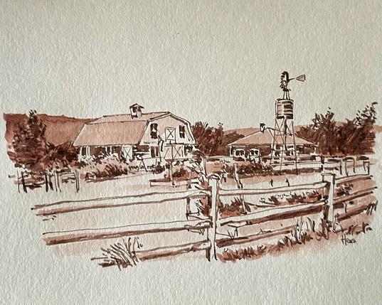A sepia-toned pen and ink sketch of the Wallisch Homestead in West Milford, NJ, showing a rural farm scene with a gambrel-roofed barn, windmill, outbuildings, and wooden rail fencing in the foreground, with trees and vegetation throughout the pastoral landscape.​​​​​​​​​​​​​​​​