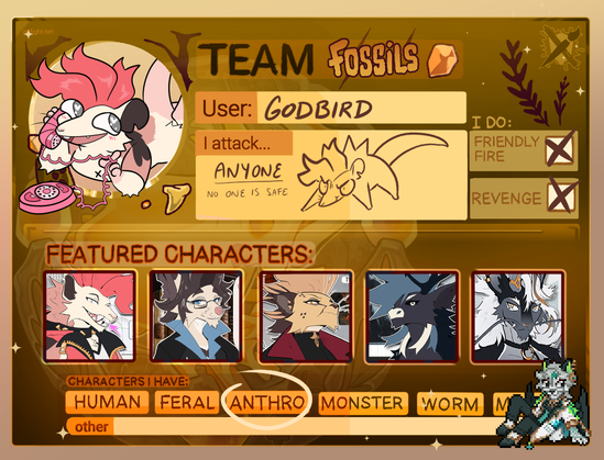 image is a digitally illustrated identification card for the annual online art game: Art Fight. the theme for this card is Team Fossils. the artist has included icons of their anthropomorphic characters in the bottom row. they have also indicated that they "attack" anyone and that they do "friendly fire" and "revenge" attacks.