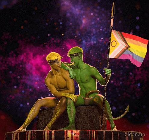 Two demons in the form of slender young men, one yellow and one green, sitting together on a stone block. Green has a spear in his left hand, with a progress Pride flag attached to it. The two are sitting very close, with yellow's hand on green's thigh, and tail snaking around green's body and poking down the front of green's jockstrap. Green is leaning on yellow's shoulder, and showing off his very long tongue. They both seem quite pleased about where this is going.