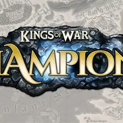 The logo for "Kings of War: Champions" features bold, stylized text with "KINGS OF WAR" in gold above "CHAMPIONS," which is highlighted in a bright blue against a textured black stone background. The design conveys a sense of fantasy and adventure, suitable for a tabletop gaming theme. The backdrop includes a faint map-like texture, suggesting a rich game world.
