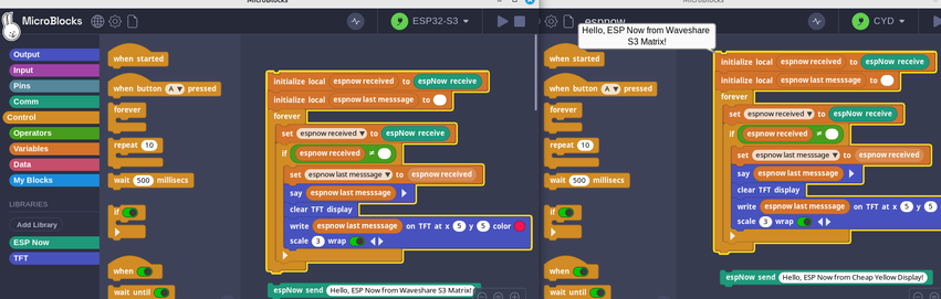Screenshot of one microcontroller sending a message using ESPNow protocol to another one