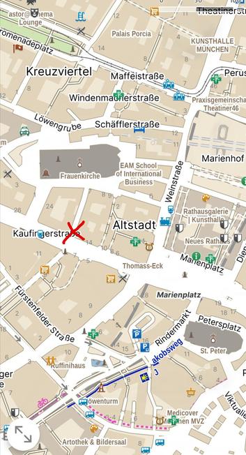 Stadtplanausschnitt der Münchner Innenstadt mit einem  roten Kreut an der Ecke Kaufingerstr/Mazaristr