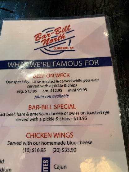 Food menu snippet for Bar-Bill North in Buffalo, NY