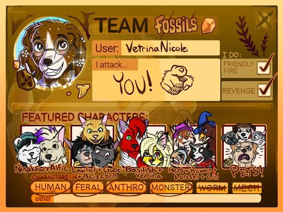 A card for this year's Art Fight, an annual art trading game. I'm on Team Fossils, and my username is VetrinaNicole. I attack everyone and will do friendly fire and revenges!! I have humanoid, feral, anthro, and monster characters.