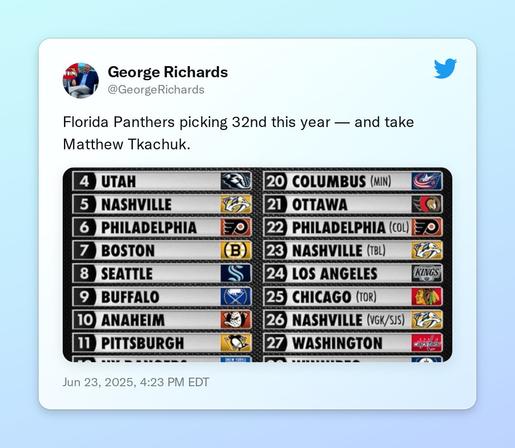 Florida Panthers picking 32nd this year — and take Matthew Tkachuk. https://t.co/itBZNiC5NW