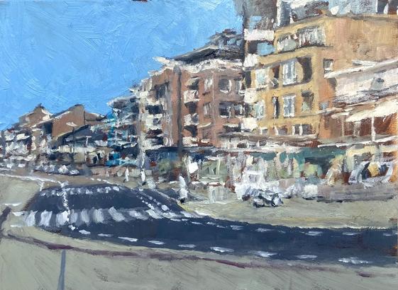 Allaprima pleinair Oilpainting showing a boulevard with a street and a bunch of houses in different colors. It’s sunny and the strokes are very rough and impressionistic. And the right side is much more rushed than the left side, but the artist is still content with a 3 hours session.

Oil on panel 18x24 cm