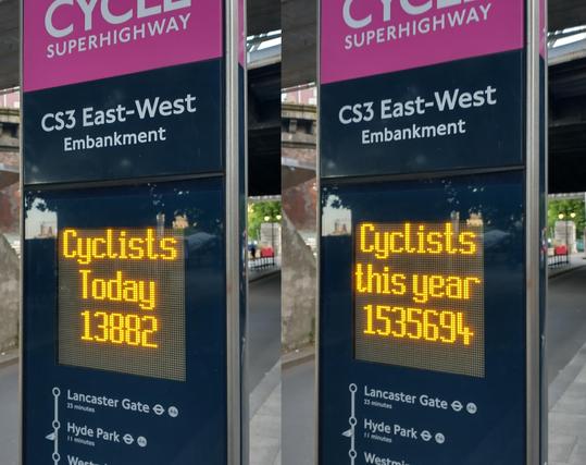 Two snaps of the electronic display on the cycle journey counting totem with "cyclists today 13882" and "cyclists this year 1535694"