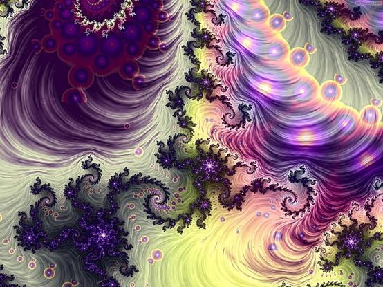 nebula-like curtains and gnarled spirals in faded purples, yellows, and reds