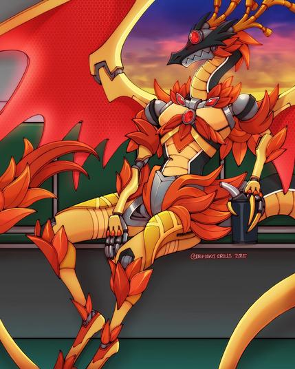 A robot dragon seated on a train in a relaxed pose. The sky at dusk visible through the window behind them. A can of oil is held in their left hand.