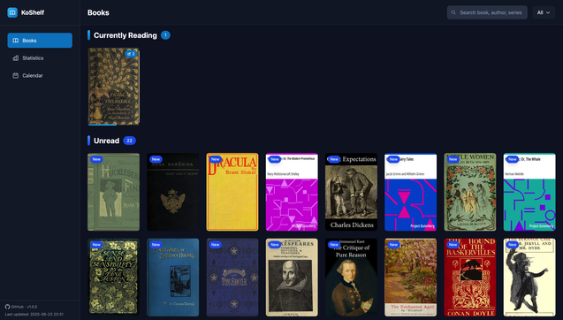 Screenshot of KoShelf, a static website generator for book tracking. The interface has a dark theme with a sidebar menu on the left featuring 'Books', 'Statistics', and 'Calendar'. The main area shows a 'Currently Reading' section with one book and an 'Unread' section with 22 classic books. Each book is displayed with its cover, and many are marked 'New'. At the top right, there’s a search bar and a filter dropdown for sorting. The bottom-left corner shows version info and the last update timestamp.