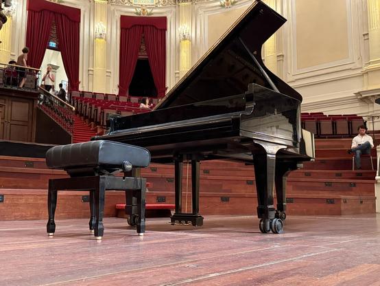 A black grand piano with a matching bench is positioned on a wooden stage. The background features red velvet curtains, elevated seating, and a small audience. The scene is set in a concert hall, showcasing an elegant atmosphere.