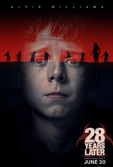 A movie poster for "28 Years Later" features a close-up of a young boy's face, looking directly forward with a serious expression. His eyes are blue and appear somewhat troubled. Above his forehead, a band of red, resembling blood or a fiery sky, contains silhouettes of several figures walking across a landscape. Below the boy's face, the title "28 YEARS LATER" is prominently displayed in large white and red distressed font, with a biohazard symbol in the background". Below the title, it reads "THEATRES ONLY JUNE 20". The name "ALFIE WILLIAMS" is written in white text at the top of the poster.