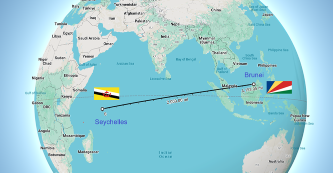 Screenshot from Google Maps showing the globe with Seychelles on the left and Brunei on the right. The flag of both countries is added to the map near their respective locations.