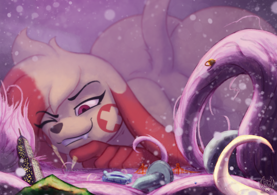 Low down and super close up view of a carpet surface, with several ‘big tiny’ things scattered among the fibers, from dust and fur strands to a shrunken building and mountain (on the left), a stadium, a pin, a bridge (in the center), to even a ringed planet and a moon (on the right). A ‘large’ plusle, Miya, is crawling down close to the floor, looking up the tiny things on the carpet, smiling as she looms close to a city with spotlights aimed up at her.