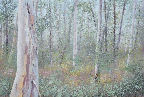 A  textured oil painting of an Australian gum tree forest. Beneath the large gum tree trunk in the foreground, are native ferns.