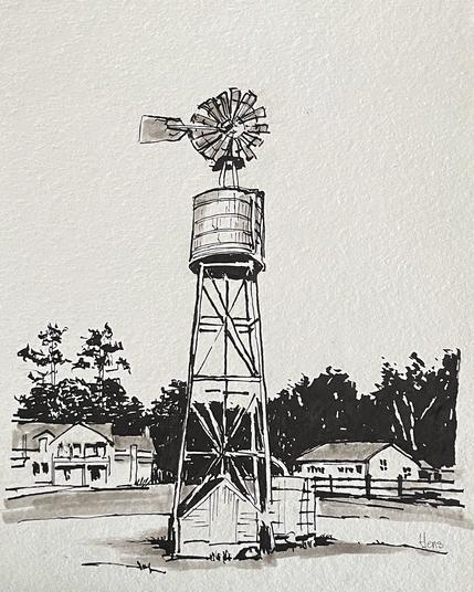 Ink and wash drawing of the windmill and water tower at Wallisch Homestead in West Milford, New Jersey. The tall wooden structure stands in the foreground with a cylindrical tank and wind-powered fan at the top. Behind it are a cluster of farm buildings, trees, and a fence, all rendered in tonal ink washes and expressive linework.