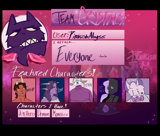 my custom artfight card, featuring my characters Wrath, Lust, Dixon, Dr. Frei, and Wrinkles