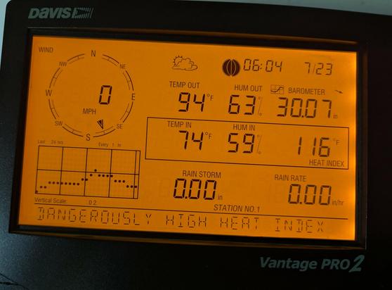 Photo of a Davis Vantage Pro weather station console display:
Temp out: 94°F
Hum out: 63%
Barometer: 300.7" f
Heat index: 116°F