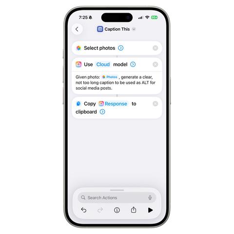 A smartphone screen displays a caption generation shortcut with options to select photos, use a cloud model, and copy the response to the clipboard.