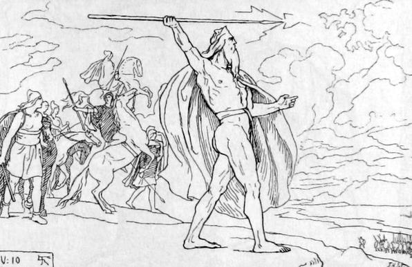 The Æsir king Óðinn throws his spear at the Vanir in the Æsir-Vanir war. Illustration by Lorenz Frølich.