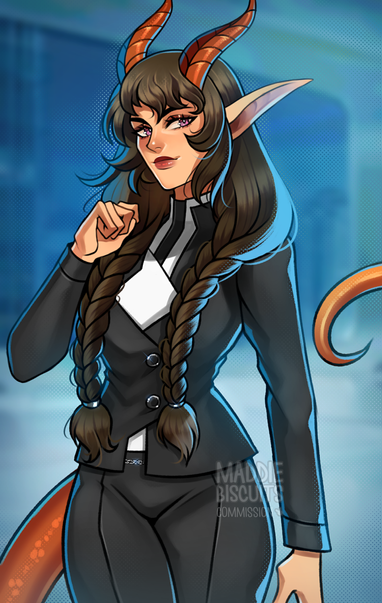 An illustration of a woman with long, dark-brown hair styled in two loose braids down her front, with long pointed ears and orange-red draconic horns and a tail in a futuristic cyberpunk-style business suit.