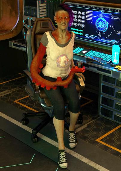 An older woman with cephalopod eyes and a red tentacle for an arm sitting in front of a computer, she is smiling at the camera.