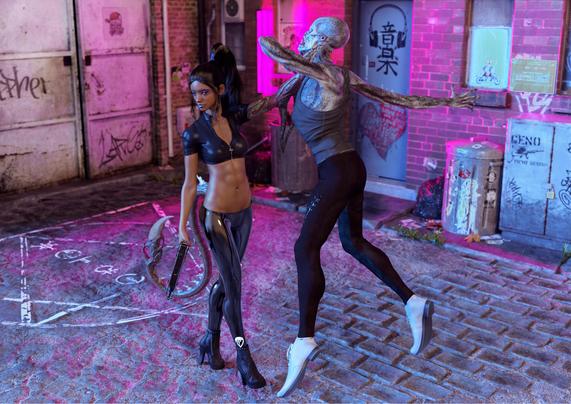 A South Asian woman in high heels holds a ghoul-like creature off the ground. She has a strange arm with a mixture of bony plates and exposed muscle. She also has a tail with articulated plates of bone, and a razor sharp claw on the end.