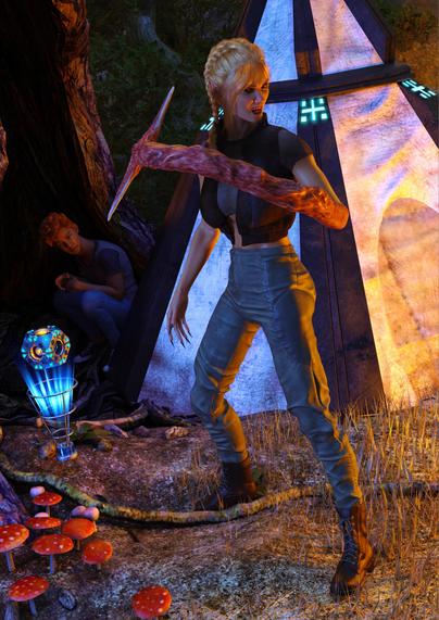 A young, blonde white woman stands in front of a tent, behind which a child is cowering, number with fear, looking at a hovering cube. She has yellow eyes, needle sharp teeth, long claws and her left arm has extended into a fleshy tentacle with a wide, flat bone blade at the end.