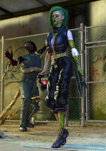 A woman walks through an industrial area, whistling. She has been extensively augmented with enchanted wood. One of her eyes is red.She has an Uzi in one hand and a circular saw in the other. Behind her, vines are grasping at a robotic creature that is trying to grasp the top of a chain link fence.