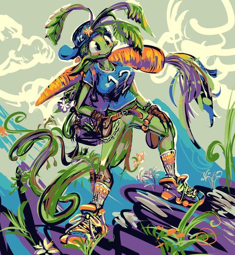 annoying anthropomorphic plant themed humanoid with a BIG SMILE wearing a shirt with a big 12 on it, a backward baseball hat, needlessly elaborate shoes and no trousers stands with one leg on a rock and one hand on the leg in a vaguely mountainous location