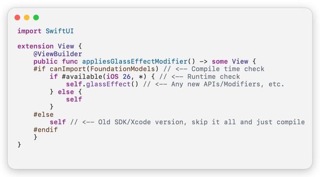 SwiftUI code snippet for applying a glass effect modifier to a view, with conditional checks for iOS 26 and older SDK versions. #SwiftUI #iOSDevelopment