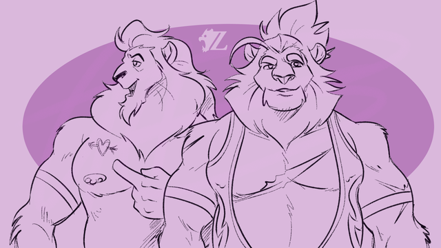 Estefan and Zeiros, two male anthropomorphic lions, are shown in their wrestling gear (at least from the waist up.) Estefan is bare-chested and wears a pair of bicep bands as he turns his head to look at a fan. He has his nipples pierced and a heart-and-arrow tattoo on his right pectoral. Meanwhile Zeiros wears a scoop-style singlet and a pair of arm bands, looking forward to the viewer with a cock smirk on his lips.