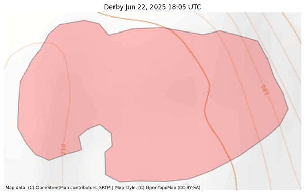 Visual map representation of the Derby wildfire, showing the perimeters of the 44.1051347305088 acre fire on a map.