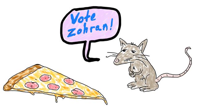 A sketch of a slice of pepperoni pizza and a cartoon rat with the rat saying in a text bubble “Vote Zohran!”.