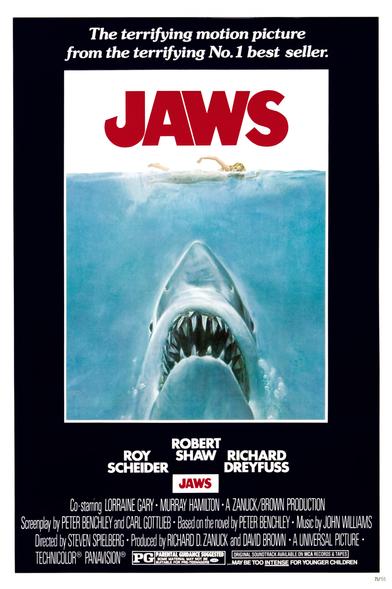 Jaws is a 1975 American thriller film directed by Steven Spielberg. Based on the 1974 novel by Peter Benchley, it stars Roy Scheider as police chief Martin Brody, who, with the help of a marine biologist (Richard Dreyfuss) and a professional shark hunter (Robert Shaw), hunts a man-eating great white shark that attacks beachgoers at a New England summer resort town. https://en.m.wikipedia.org/wiki/Jaws_(film)