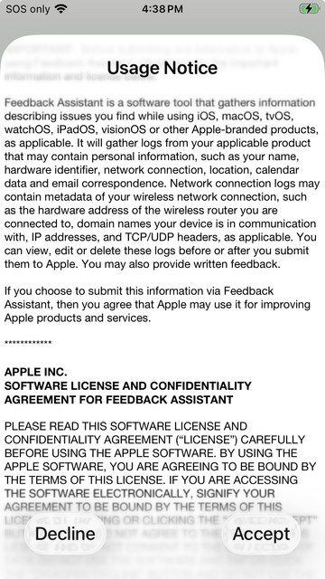 Screenshot of the Usage Notice dialog from the Feedback app on an iPhone SE 2nd generation runnin the iOS 26 beta. The text is a long scrolling view and the first paragraph of text has loaded at the top of the screen so it is blurred behind the dialog title.